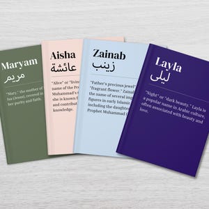 May include: Four colorful books with the names Maryam, Aisha, Zainab, and Layla written in Arabic and English. Each book has a short description of the name's meaning and origin.