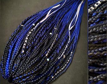 Trenzas y rastas vikingas bohemias: extensiones de cabello texturizado de una o dos puntas en azul, negro y gris. Juego de trenzas para cosplay de festival.