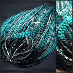 Extensiones y trenzas de rastas degradadas en negro menta, rastas de ganchillo estilo boho vikingo, cabello sintético para festivales y raves SE y DE, conjunto hecho a mano.