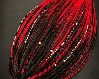 Trenzas y rastas sintéticas con efecto degradado en negro y rojo, extensiones de cabello Boho Viking SE y DE, cabello gótico Witchcore para festivales, conjunto hecho a mano.
