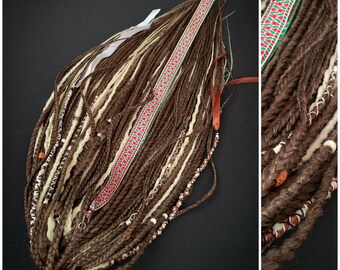 Extensiones y trenzas de rastas ombré rubio castaño, rastas de ganchillo estilo boho vikingo, cabello sintético para festivales y raves, conjunto hecho a mano.