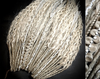 Trenzas y rizos sintéticos con efecto degradado gris, rastas de ganchillo estilo boho, extensiones de cabello SE y DE, cabello de fantasía vikinga para festivales y raves, conjunto hecho a mano.