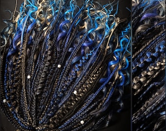 Extensiones de rastas azules, negras y grises, trenzas texturizadas vikingas bohemias SE/DE, cabello sintético hecho a mano para festivales, extensiones de trenzas texturizadas bohemias