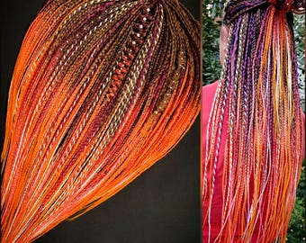 Trenzas y rastas sintéticas con efecto degradado naranja y morado, extensiones de cabello estilo boho vikingo SE y DE, conjunto de cabello hecho a mano para festivales, raves y cosplay.