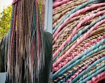 Rastas bohemias en beige, rosa menta: extensiones de cabello sintético SE/DE hechas a mano, set de trenzas para festivales vikingos, rastas de crochet ombré