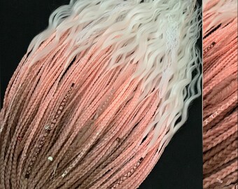 Trenzas y rizos vikingos bohemios: extensiones de rastas SE/DE de rubio beige rosado, cabello sintético de crochet texturizado, conjunto ombré para festival hecho a mano