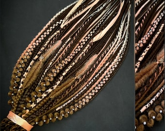 Trenzas y rastas sintéticas color marrón chocolate y oro rosa, extensiones de cabello de ganchillo Boho Viking SE y DE, cabello bohemio para festivales, conjunto hecho a mano.