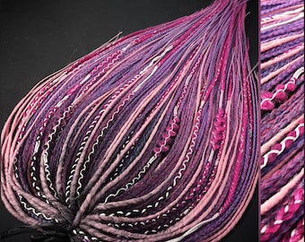 Trenzas y rastas sintéticas con efecto degradado rosa y morado, rastas de ganchillo estilo boho, extensiones de cabello SE y DE, cabello vikingo de fantasía para festivales, conjunto hecho a mano.