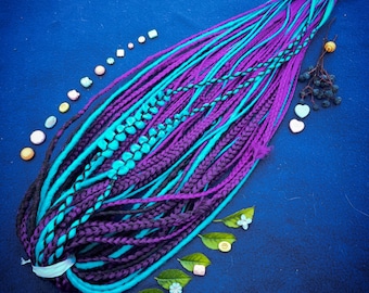 Rastas vikingas bohemias en azul y morado, extensiones de rastas sintéticas SE DE, trenzas texturizadas para festivales hechas a mano, set de cabello de fantasía de crochet para cosplay