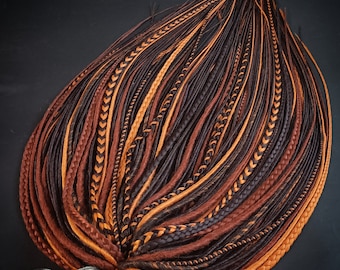 Extensiones de rastas SE/DE de color marrón anaranjado, rastas sintéticas de ganchillo de una y dos puntas estilo boho vikingo, set de cabello hecho a mano para festivales y cosplay.