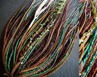 Trenzas y rastas sintéticas estilo boho vikingo con temática de bosque otoñal, extensiones de cabello SE y DE en verde, marrón y naranja, cabello de ganchillo para festivales, conjunto hecho a mano.