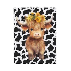 May include: A brown and white Highland cow with a crown of yellow sunflowers on its head. The cow is standing on a black and white cow print background.