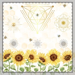 May include: A decorative image featuring sunflowers, bees, and geometric shapes. The bottom of the image displays a row of yellow sunflowers with green stems and leaves. Bees are scattered throughout the image, and gold geometric shapes are at the top.