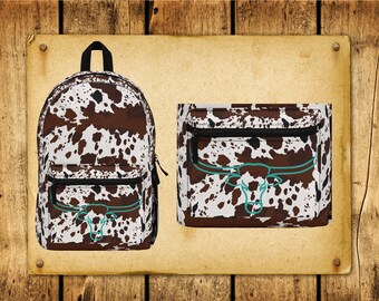 Cow Print Backpack, Black and Brown Cow Pattern With Teal  display picture 3