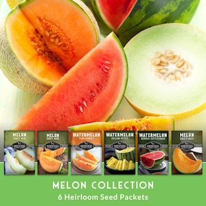May include: A collection of 6 heirloom seed packets labeled Melon Collection, featuring images of Honey Dew, Honey Rock, Tendersweet, Yellow Petite, Georgia Rattlesnake, and Hale's Best melons, displayed with fresh melon slices.