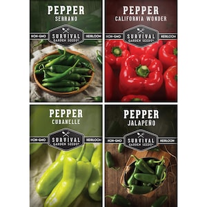 4 Packs of Heirloom Pepper Seeds - Sweet Peppers - Hot Peppers - Jalapeno Pepper Seeds, Cubanelle Pepper Seeds, Serrano Pepper, Bell Pepper