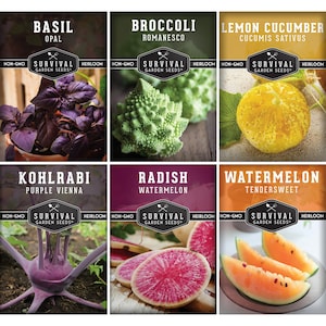 May include: A set of nine seed packets for various vegetables, including basil, broccoli, lemon cucumber, kohlrabi, radish, and watermelon. Each packet features a photo of the vegetable and the name of the variety. The packets are labeled "Survival Garden Seeds" and are non-GMO and heirloom.