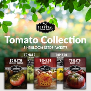 May include: Five heirloom tomato seed packets from Survival Garden Seeds. The packets feature images of the tomatoes: Cherokee Purple, Aunt Duriv's German Green, Hillbilly, Great White, and Black Krim.