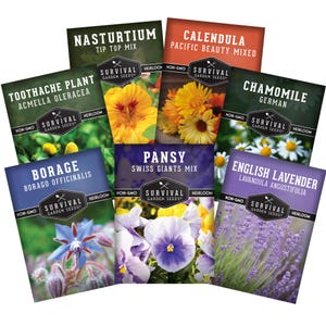 May include: A collection of seed packets featuring various flower and herb varieties. Packets include Nasturtium, Calendula, Chamomile, Borage, Pansy, and English Lavender. Each packet displays the plant name, a photo of the flower, and the "Survival Garden Seeds" logo.