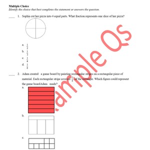 May include: A maths worksheet with questions on fractions and shapes. One question asks about dividing a pizza, the other about painting stripes on a rectangle. The text "Example Qs 3.G.2 (18Qs)" is visible.