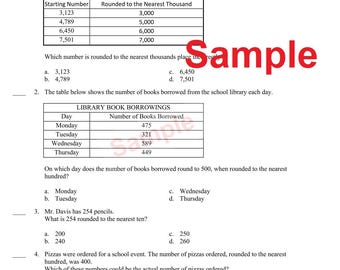 Grado 3 3.NBT.1 (20 preguntas) Utilice la comprensión del valor posicional para redondear números enteros al 10 o 100 más cercano (PDF)