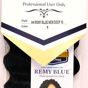 May include: A package of 100% virgin human hair Remy Blue hair extensions. The package is white with black and gold accents. The hair is black and curly. The text on the package reads "100% Virgin Human Hair Remy Blue Professional User Only Style HH Remy Blue New Deep 10 Color 1".