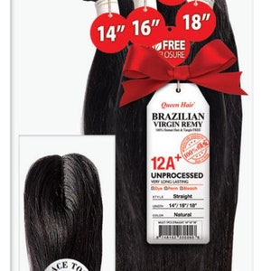 May include: A pack of 12A+ unprocessed Brazilian virgin remy human hair extensions in straight style. The pack includes three bundles of hair in lengths of 14, 16, and 18 inches. A free closure is included. The hair is natural black color. The pack also includes a lace top closure for $20.00.