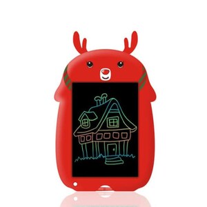 May include: Red drawing tablet shaped like a reindeer with a black screen and a rainbow drawing of a house on the screen.