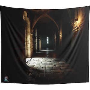Dark Monastery Halls  Backdrop Tapestry| Game Room Backdrop | Fantasy Background | Wall Hanging Tapestry