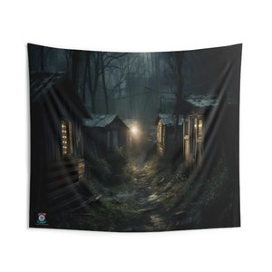 Creepy Village Backdrop Tapestry | Dark Town | Unsettling | Game Room Backdrop | Fantasy Background | Wall Hanging Tapestry