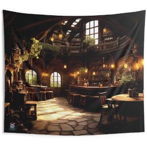 May include: A dimly lit, rustic tavern with a wooden bar, tables, and chairs. The bar is stocked with bottles of liquor and there are plants hanging from the ceiling. The tavern has a stone floor and a wooden ceiling.