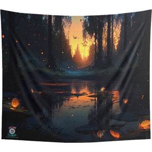 May include: A tapestry featuring a dark forest scene with a still pond reflecting the orange glow of a sunset. The pond is surrounded by trees and has glowing orbs floating above the water. The tapestry has a logo in the bottom left corner that reads "Arcane Element".