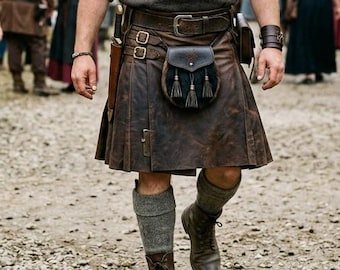 Kilt da uomo in pelle fatto a mano, marrone, pelle bovina, lunghezza al ginocchio, plissettato, gonna in pelle da kilt utility per uomo, vestibilità personalizzata, costume LARP, kilt da gladiatore