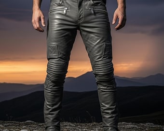 Pantalones de cuero para hombre hechos a mano, de piel de vaca gris, estilo motero, ajuste personalizado para disfraces de LARP y cosplay.
