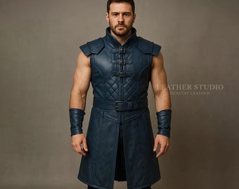 Blue Leather Warrior Vest | Custom Handmade Cosplay Tunic | Quilted Medieval Sleeveless Armor | LARP Renaissance Fantasy Coat for Men