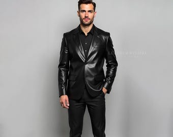 Genuine Black Leather Blazer Jacket for Men | Real Leather Blazer | Classic Leather Black Blazer | Black Leather Coat