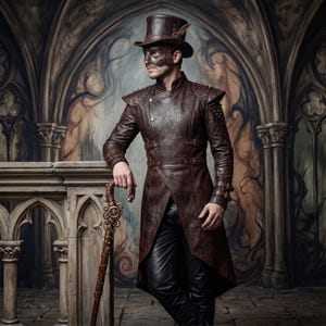 May include: A dark brown leather coat with spiked shoulders, a high collar, and buckled cuffs. The outfit includes a matching brown leather top hat with a small feather, a dark leather eye mask, and a brown cane featuring intricate gear details.