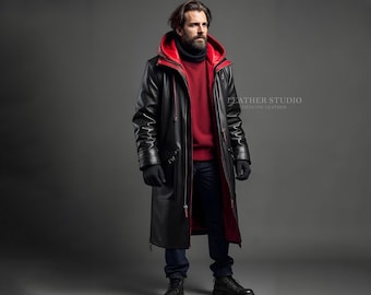 Handmade Black and Red Leather Trench Coat | Real Leather Trench Coat With Hood | Gothic Leather Trench Coat | Red and Black Leather Coat