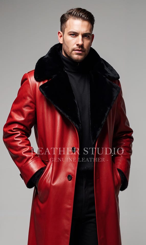 Echtes Rotes Leder Langer Mantel für Herren Vintage Style Roter