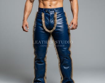 Handgefertigte Herren Blaue Lederhose mit Pelzbesatz | Custom Viking Cosplay Hose | Personalisierte Renaissance Festival Streetwear