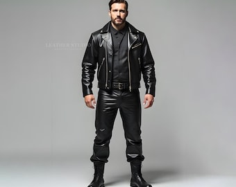 May include: A black leather motorcycle jacket with a zipper closure and a black button-up shirt underneath. The jacket has a gold zipper and a gold belt buckle.