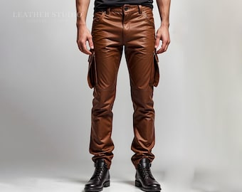 Men’s Brown Genuine Leather Cargo Pants | Handmade Streetwear Leather Trousers | Functional Pocket Utility Style | Custom Fit