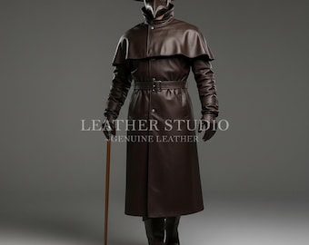 Handmade Brown Leather Plague Doctor Coat | Custom Medieval Steampunk Trench Outfit | Tailored Genuine Leather Costume