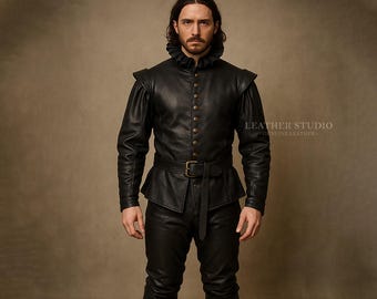 Custom Black Leather Cosplay Suit for Men | Gothic Leather Shirt & Pants Set | Classic Halloween Jacket  Pant Costume