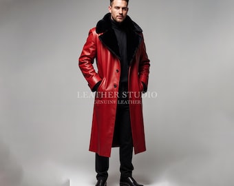 May include: A full-length red leather coat with a black fur collar. The coat has a button-down front and is worn over black pants and shoes. The text "LEATHER STUDIO GENUINE LEATHER" is visible.