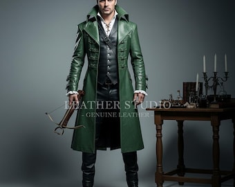 Handmade Green Leather Long Coat Vest Pants Set | Gothic Victorian Cosplay Outfit | Custom Made Tailored Leather Costume