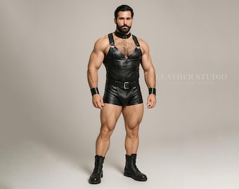 Black Leather Harness Vest & Shorts Set for Men | Handmade Muscle Fit Cosplay Outfit | Custom Festival Leather Two-Piece Suit