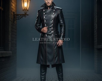 Handmade Black Genuine Leather Military Coat | Custom Gothic Long Trench Jacket