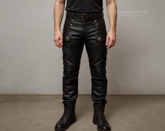 Custom Black Leather Steampunk Pants for Men | Gothic Festival Cosplay Trousers | Handmade Renaissance Bottoms