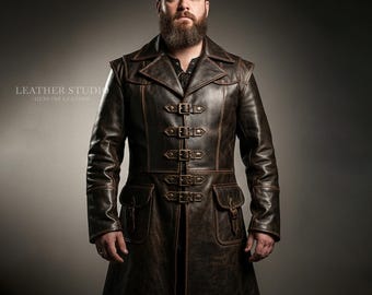 Handmade Men's Genuine Leather Medieval Coat | Custom Long Trench | Renaissance Steampunk Jacket | Tailored Gothic Fantasy Outfit
